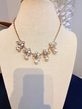 Gold Tone Faux Pearl Crystal Statement Necklace 16”